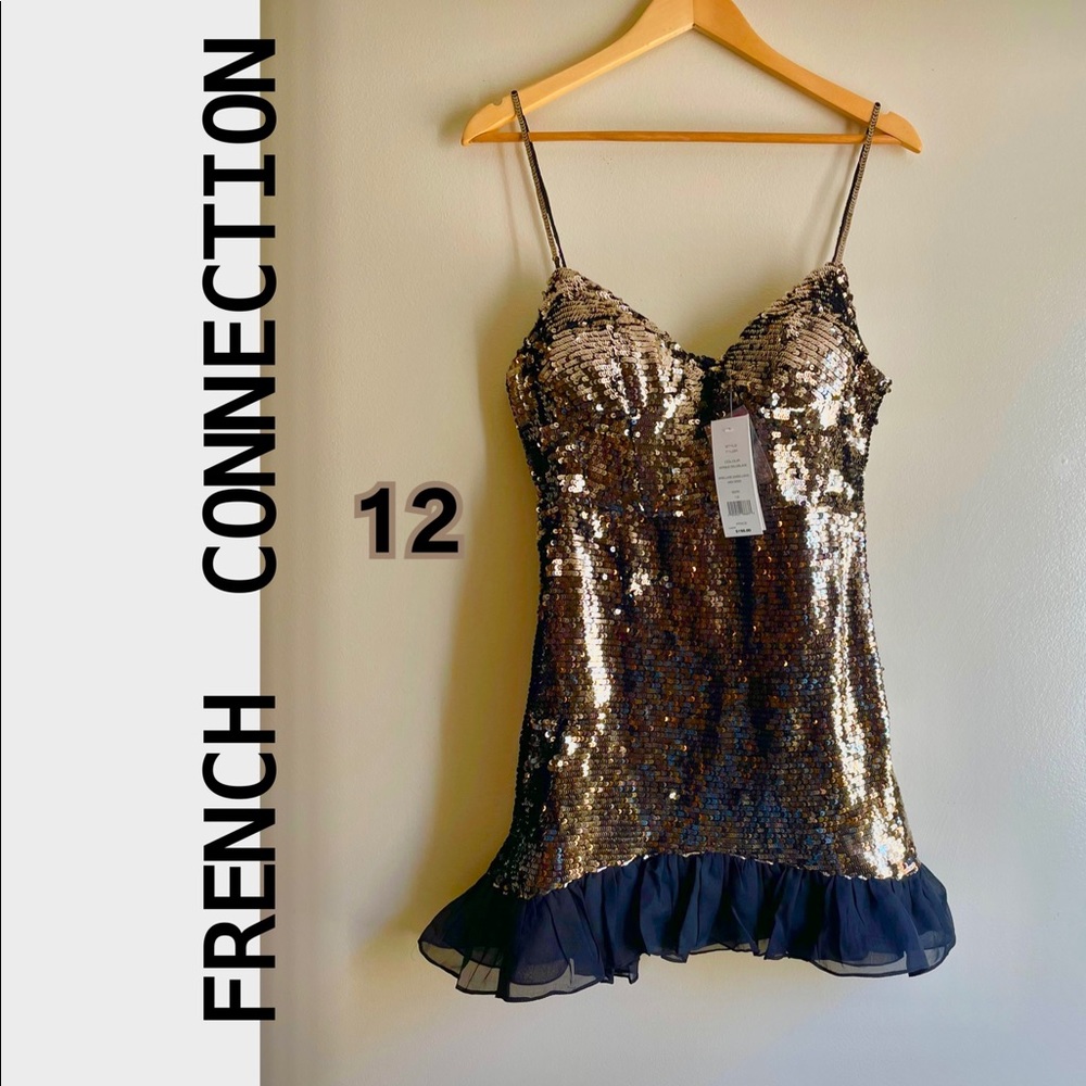 NWT French Connection black silver metallic antique gold tint flounce sequin XL